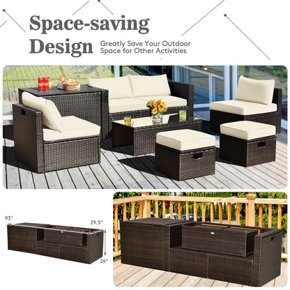 8 Pieces Patio Space-Saving Rattan Furniture Set with Storage Box and Waterproof Cover, White Outdoor Sectionals at Gallery Canada