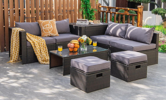 8 Pieces Patio Space-Saving Rattan Furniture Set with Storage Box and Waterproof Cover, Gray - Gallery Canada