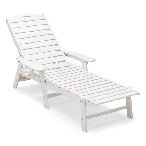 Weatherproof Patio Lounge Chair with Adjustable Back and Cup Holder, White