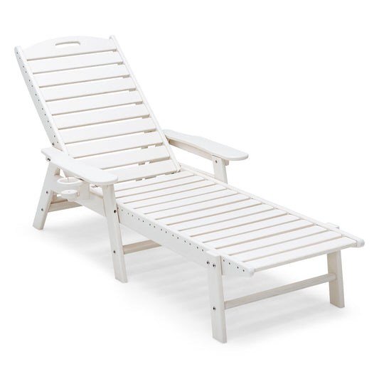 Weatherproof Patio Lounge Chair, Adjustable Back, Cup Holder, White