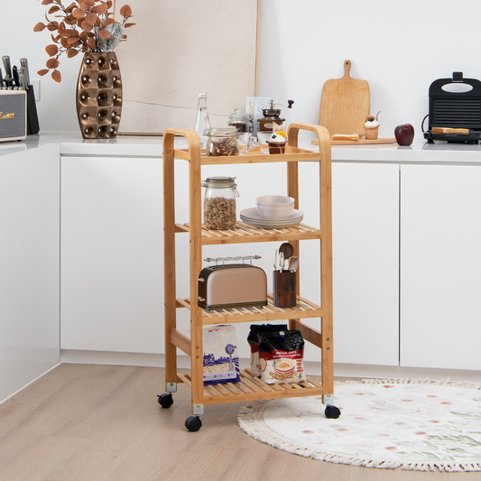 Bamboo Utility Cart with Storage Shelf and Lockable Casters-4-Tier, Natural - Gallery Canada