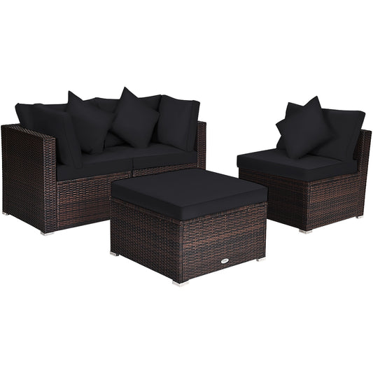 4 Pieces Ottoman Garden Patio Rattan Wicker Furniture Set with Cushion, Black Outdoor Sectionals Black at Gallery Canada