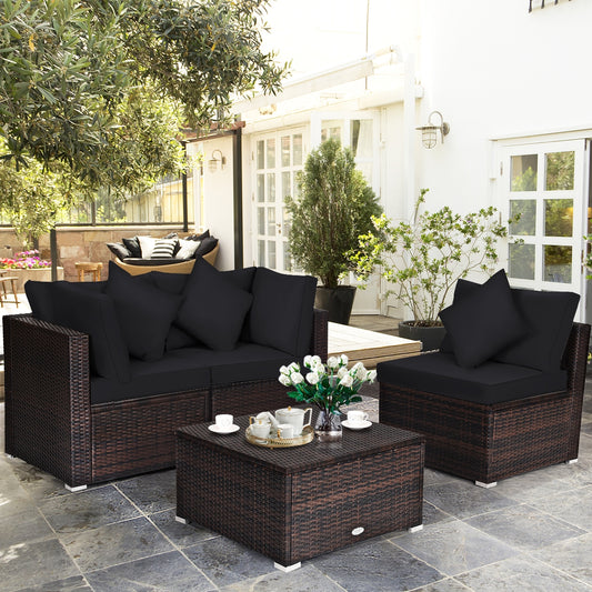 4 Pieces Ottoman Garden Patio Rattan Wicker Furniture Set with Cushion, Black Outdoor Sectionals Black at Gallery Canada
