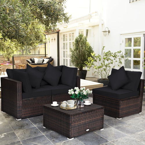 4 Pieces Ottoman Garden Patio Rattan Wicker Furniture Set with Cushion, Black