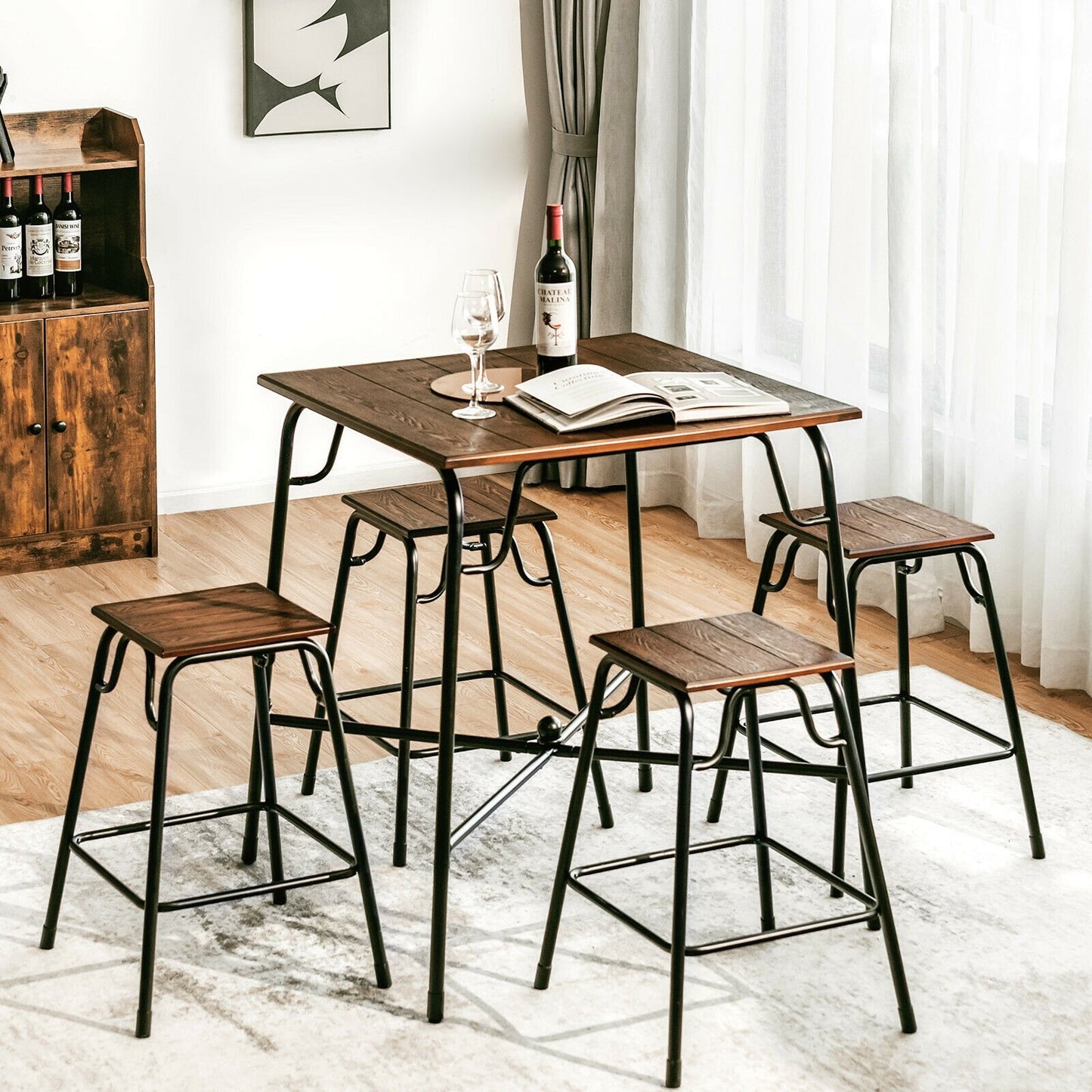 5 Pieces Bar Table Set with 4 Counter Height Backless Stools, Rustic Brown at Gallery Canada