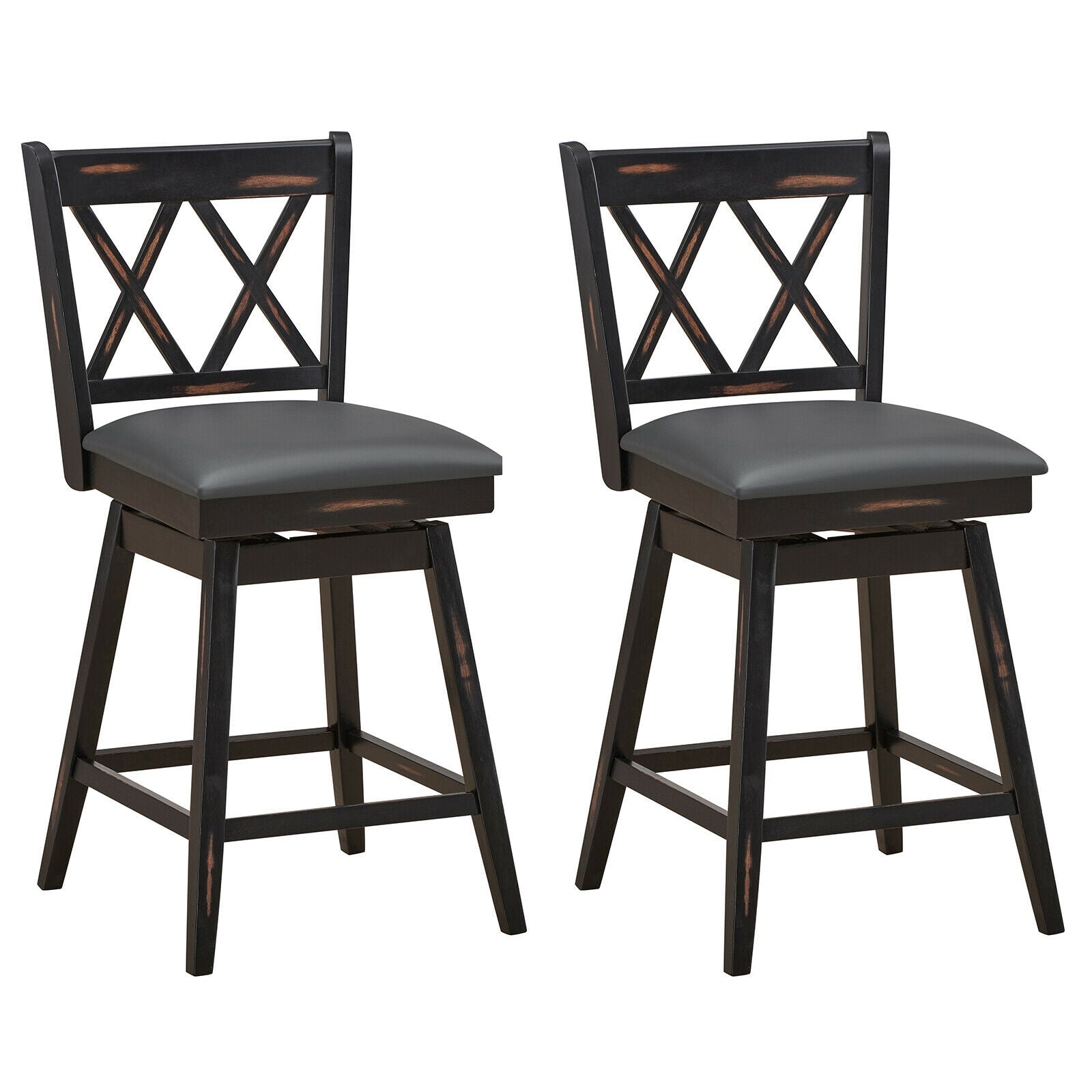 24 Inch Swivel Counter Height Barstool Set, 2 Pieces, Rubber Wood Legs, Black Bar Stools at Gallery Canada