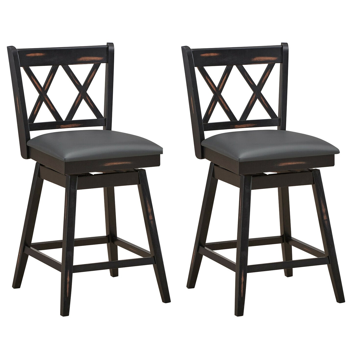 24 Inch Swivel Counter Height Barstool Set, 2 Pieces, Rubber Wood Legs, Black Bar Stools at Gallery Canada