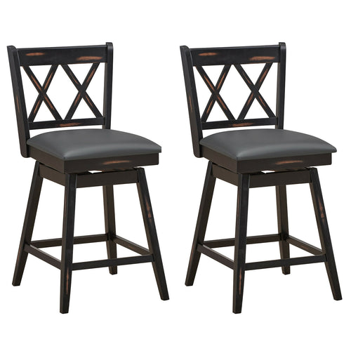 24 Inch Swivel Counter Height Barstool Set, 2 Pieces, Rubber Wood Legs, Black