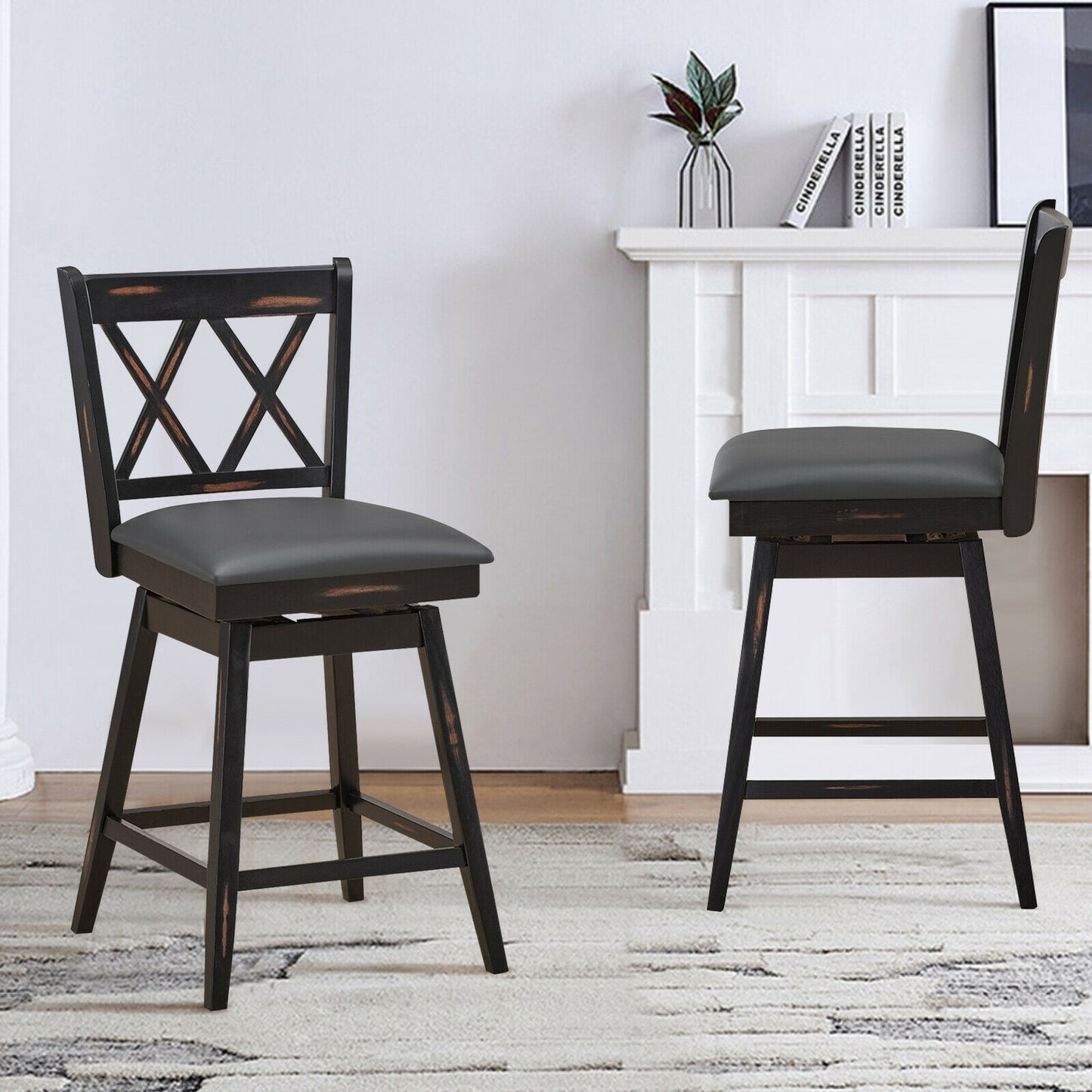 2 Pieces 24 Inch Swivel Counter Height Barstool Set with Rubber Wood Legs, Black Bar Stools at Gallery Canada