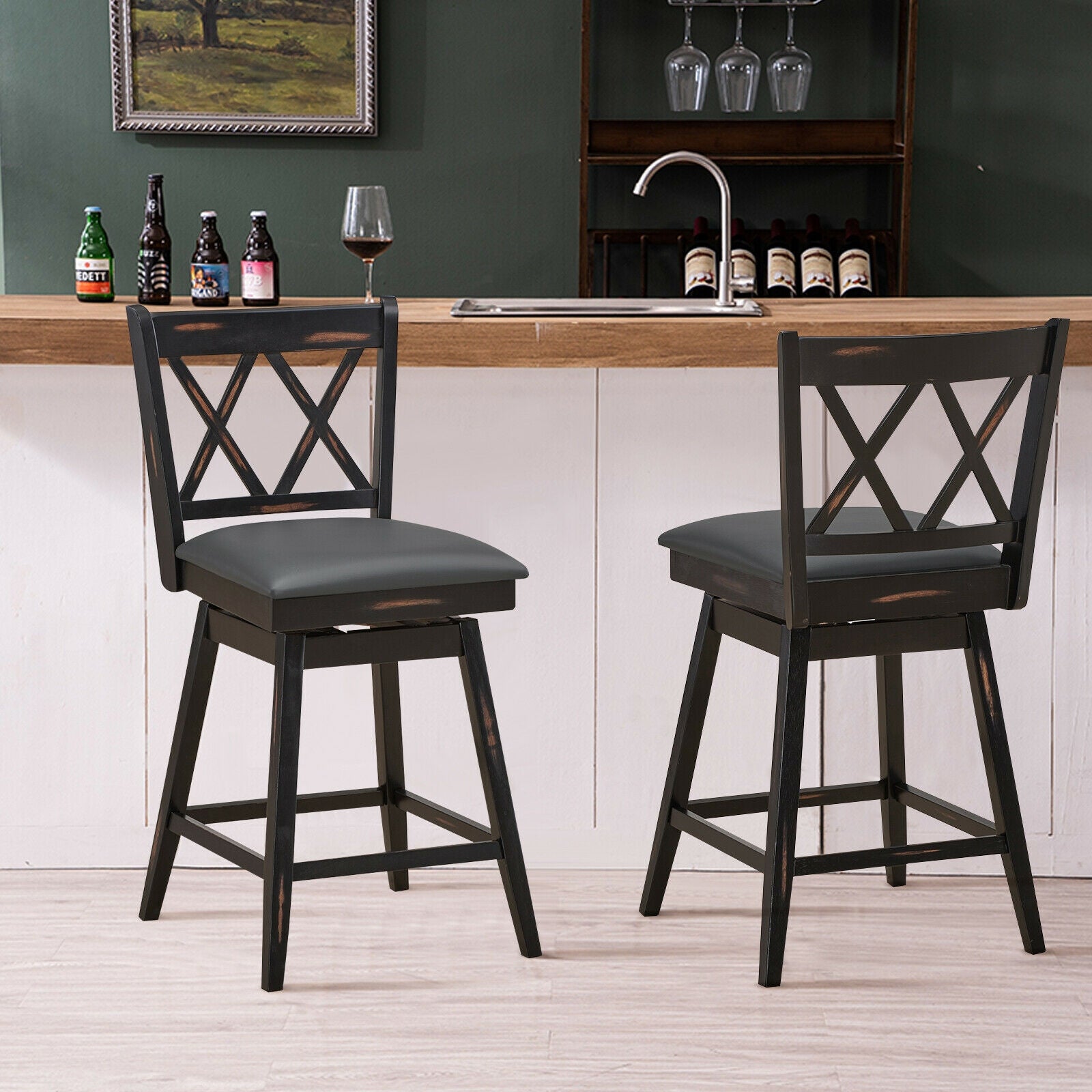 2 Pieces 24 Inch Swivel Counter Height Barstool Set with Rubber Wood Legs, Black Bar Stools at Gallery Canada