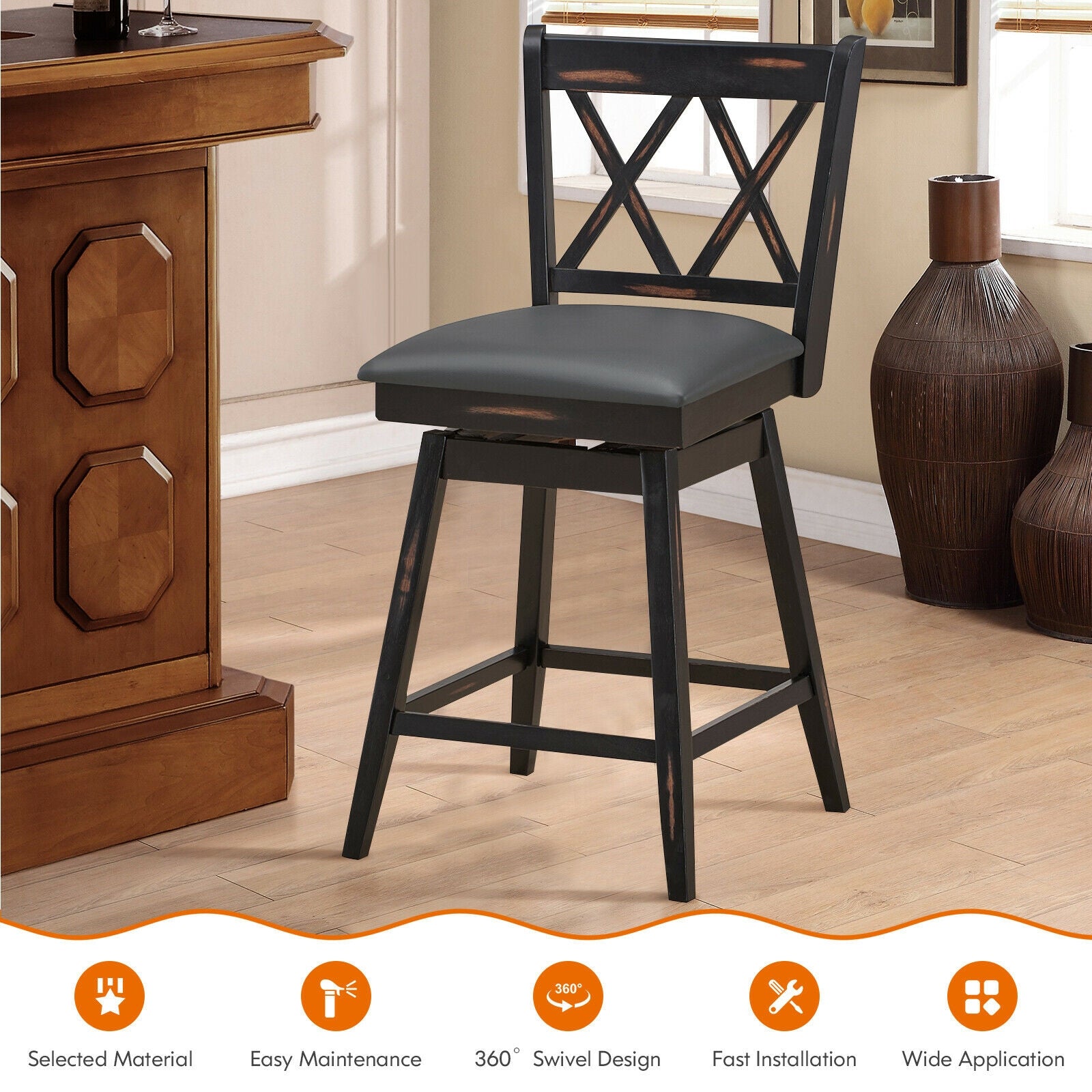2 Pieces 24 Inch Swivel Counter Height Barstool Set with Rubber Wood Legs, Black Bar Stools at Gallery Canada