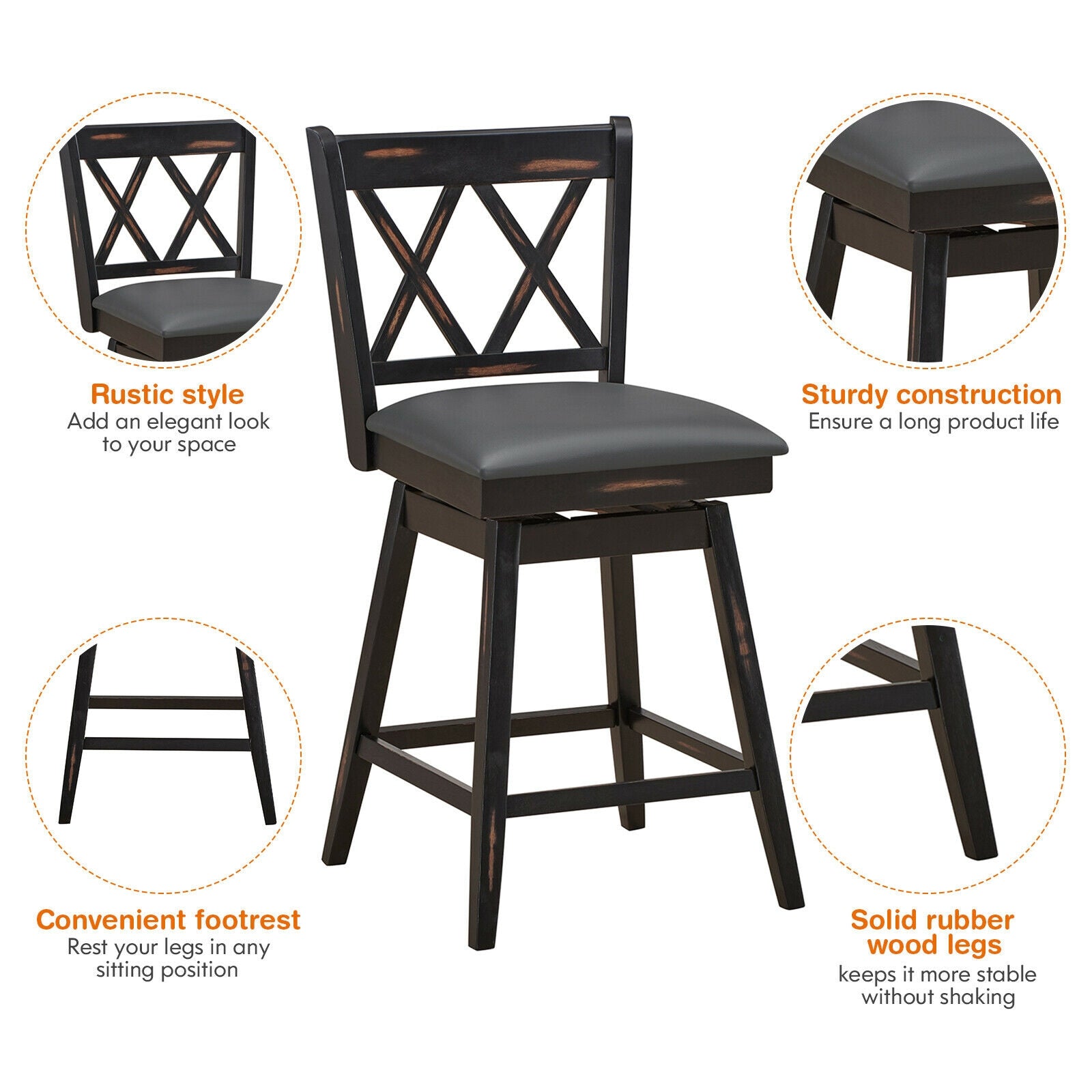 2 Pieces 24 Inch Swivel Counter Height Barstool Set with Rubber Wood Legs, Black Bar Stools at Gallery Canada