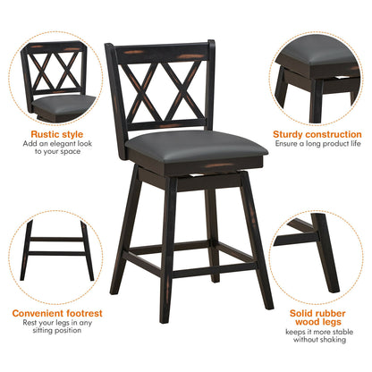 2 Pieces 24 Inch Swivel Counter Height Barstool Set with Rubber Wood Legs, Black Bar Stools at Gallery Canada