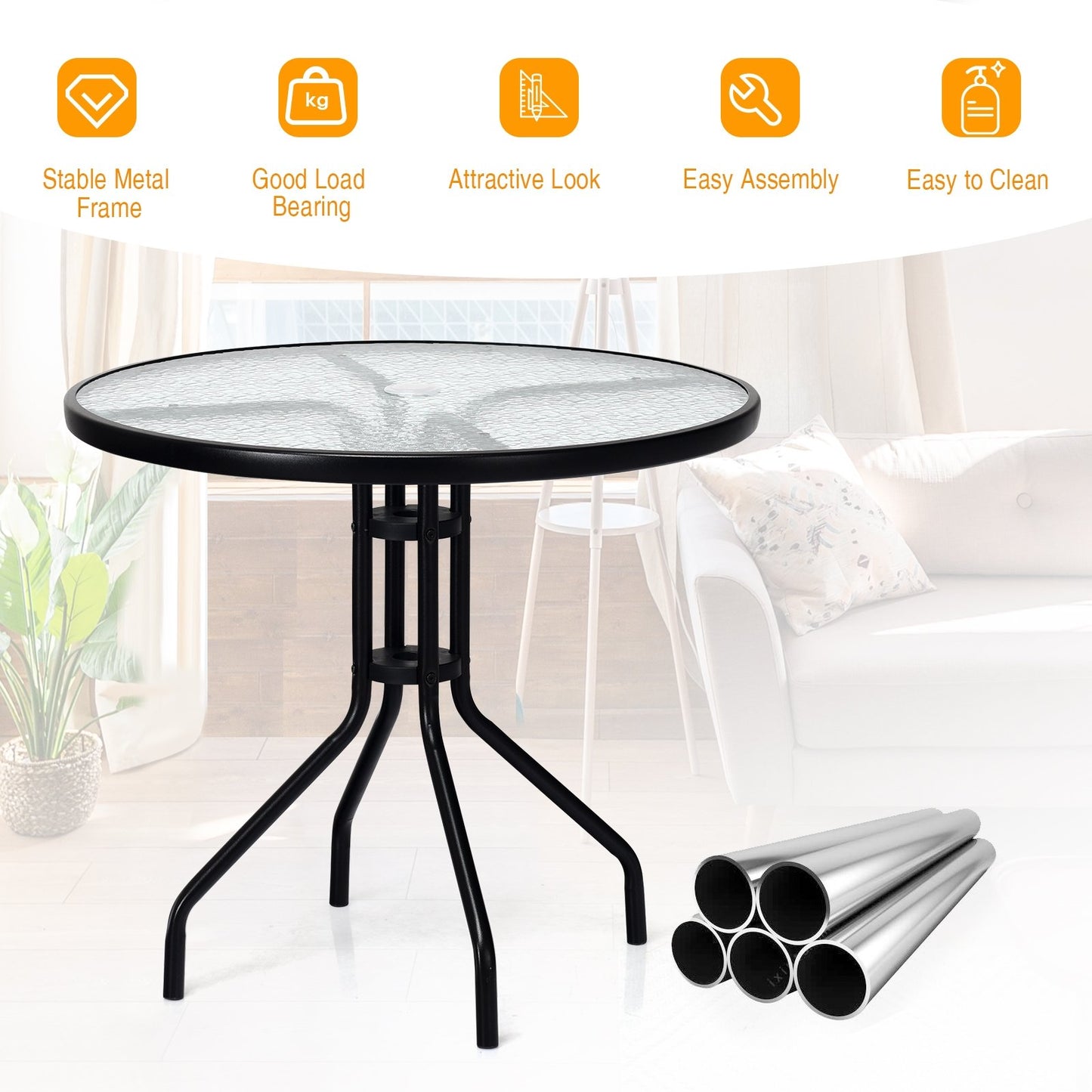32 Inch Outdoor Patio Round Tempered Glass Top Table with Umbrella Hole, Transparent - Gallery Canada