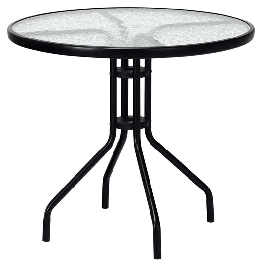 32 Inch Outdoor Patio Round Tempered Glass Table With Umbrella Hole, Transparent