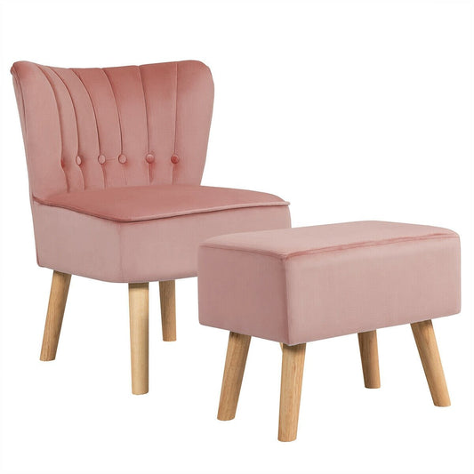 Leisure Chair and Ottoman Thick Padded Tufted Sofa Set, Pink - Gallery Canada