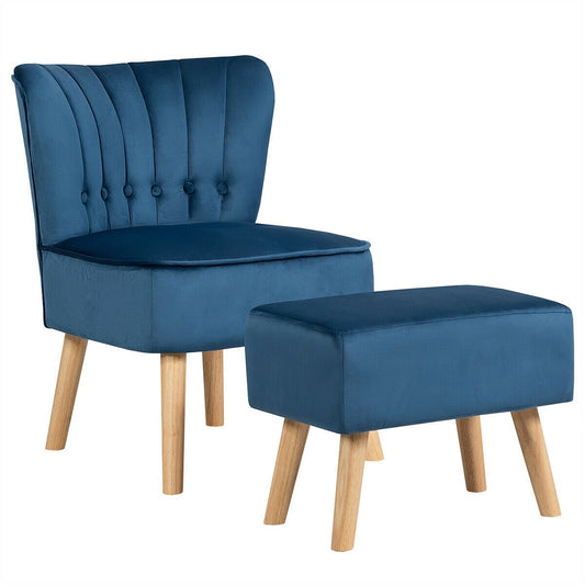 Leisure Chair and Ottoman Thick Padded Tufted Sofa Set, Blue - Gallery Canada