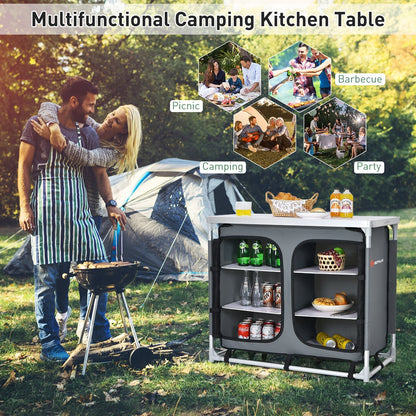 Portable Camping Kitchen Table with Storage Shelves, Gray - Gallery Canada