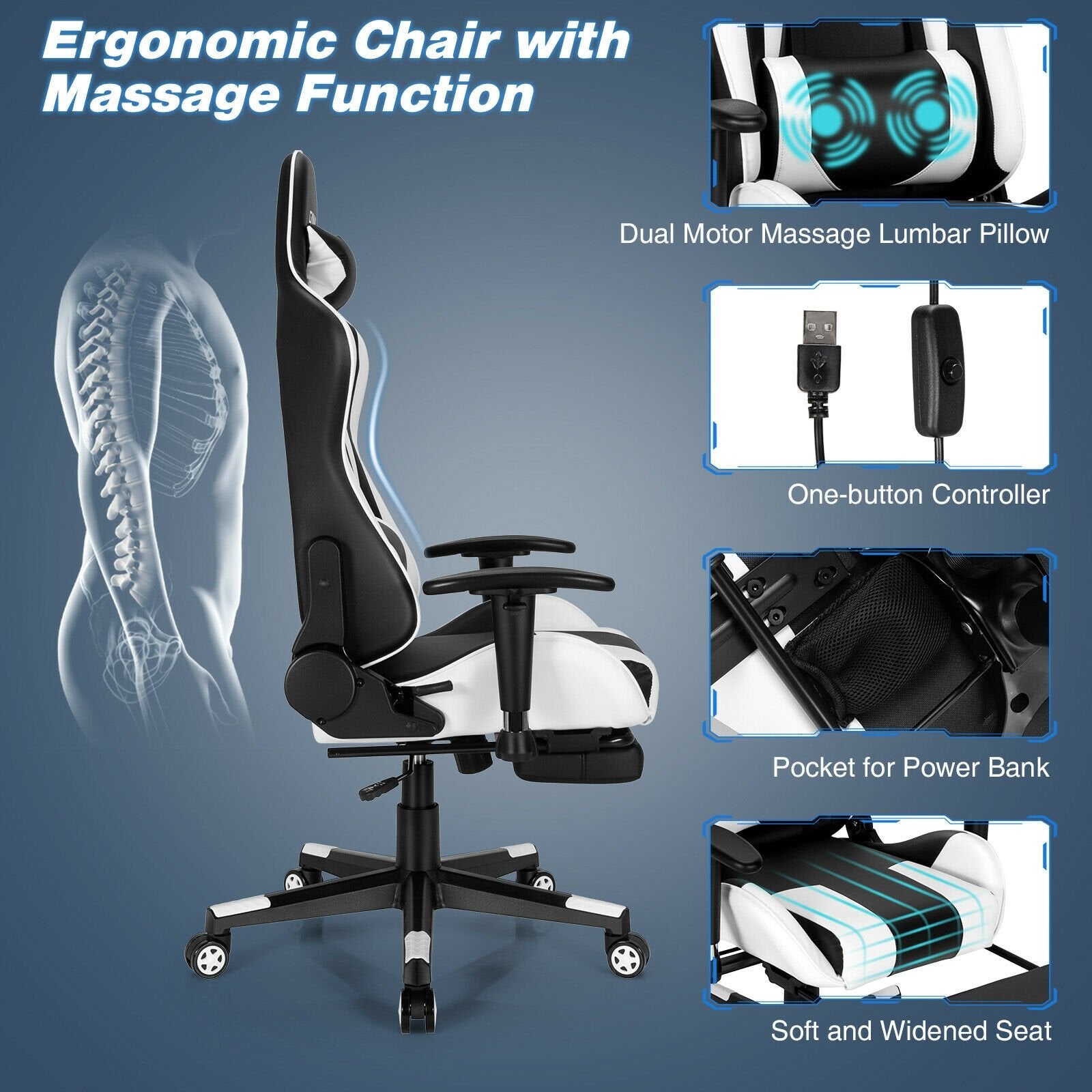 High Back Ergonomic Massage Computer Gaming Chair with USB Massage Lumbar Pillow, Black - Gallery Canada