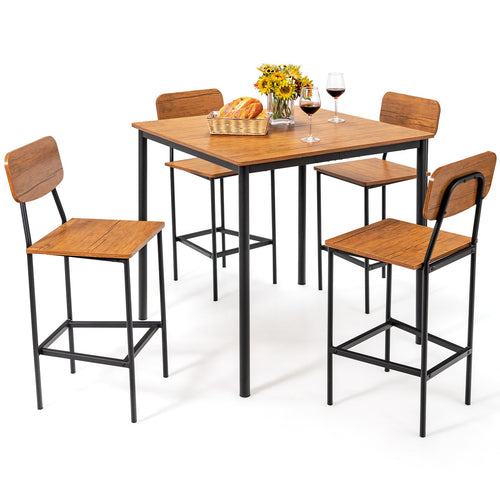 5 Pieces Industrial Dining Table Set with Counter Height Table and 4 Bar Stools, Walnut