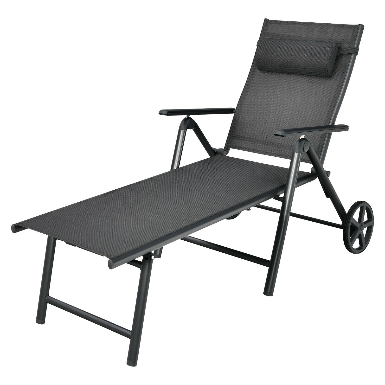 Patio Lounge Chair with Wheels Neck Pillow Aluminum Frame Adjustable, Gray Outdoor Chaise Lounges Gray at Gallery Canada