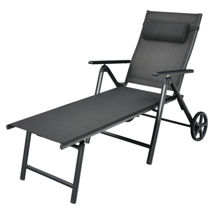 Patio Lounge Chair with Wheels Neck Pillow Aluminum Frame Adjustable, Gray Outdoor Chaise Lounges Gray at Gallery Canada