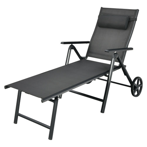 Patio Lounge Chair with Wheels Neck Pillow Aluminum Frame Adjustable, Gray