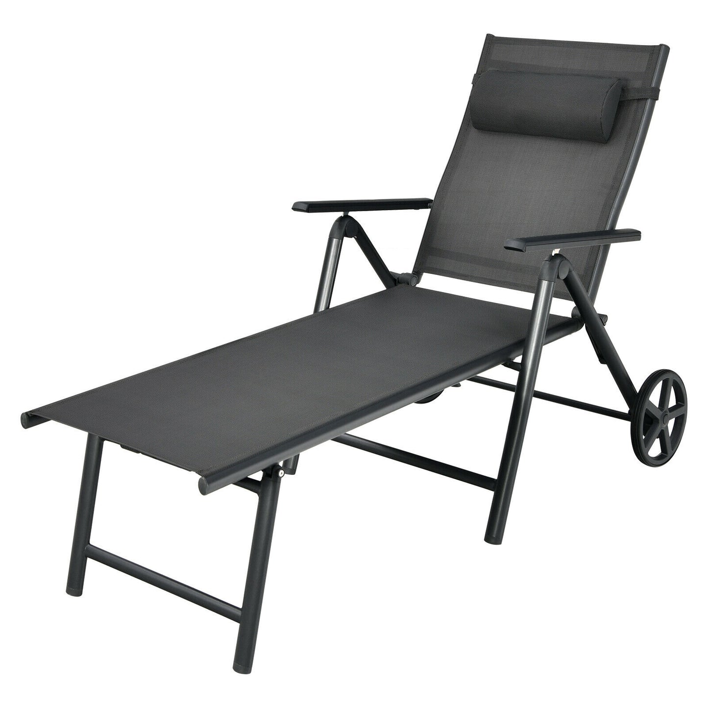 Patio Lounge Chair, Adjustable Aluminum Frame, Wheels, Neck Pillow, Gray Outdoor Chaise Lounges Gray at Gallery Canada