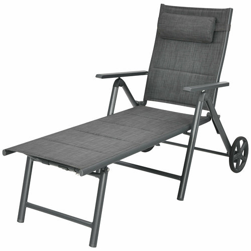 Patio Reclining Chaise Lounge with Adjust Neck Pillow, Gray