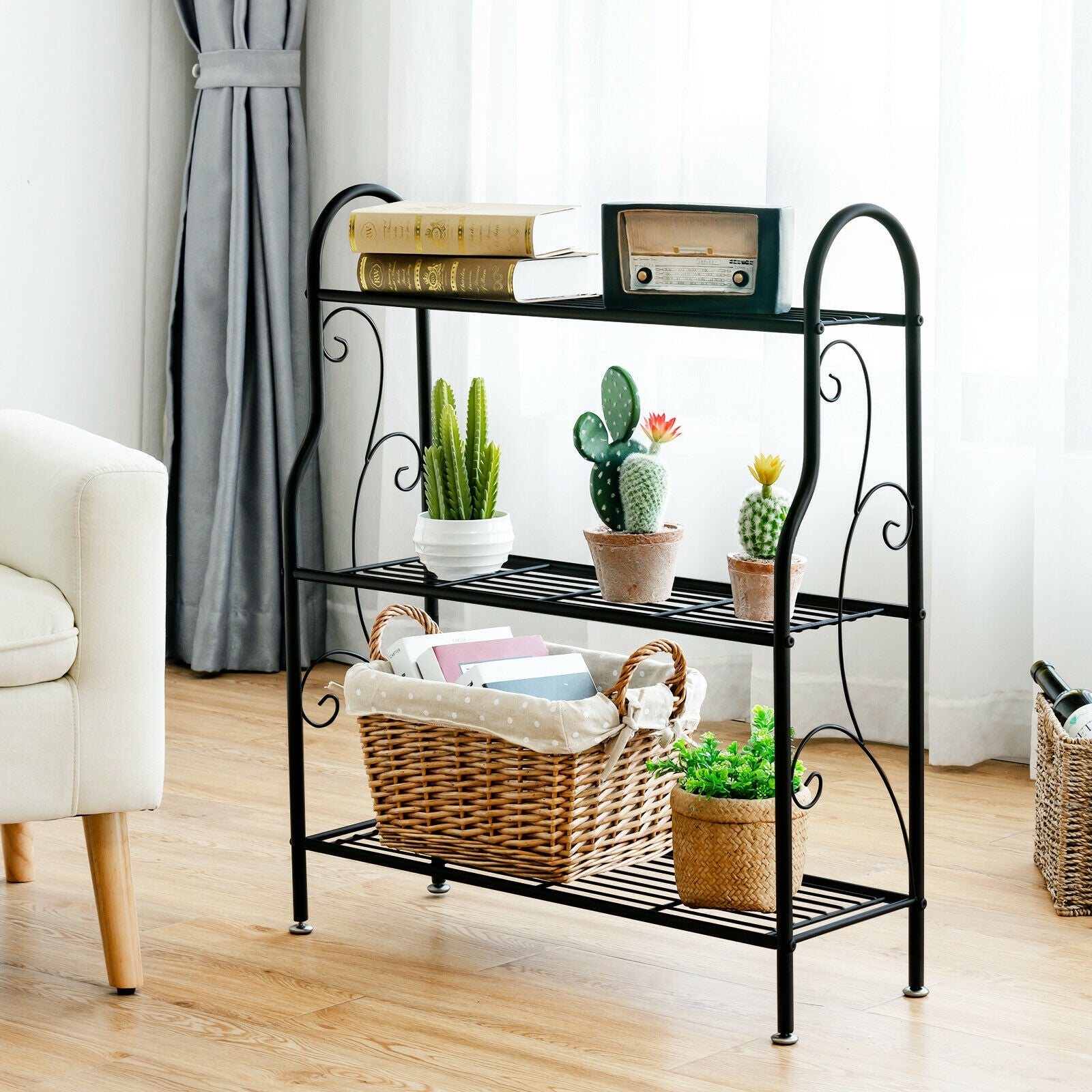 3-Tier Scrollwork Designed Metal Plant Stand, Black Plant Stands at Gallery Canada