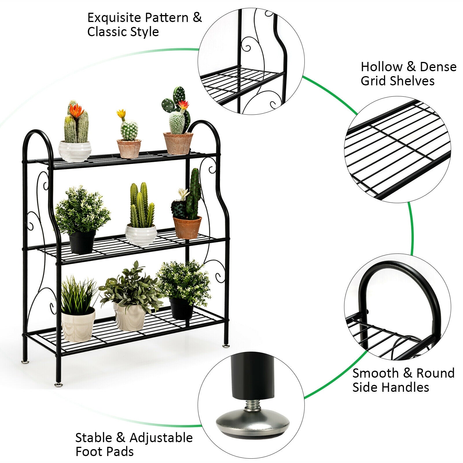 3-Tier Scrollwork Designed Metal Plant Stand, Black Plant Stands at Gallery Canada
