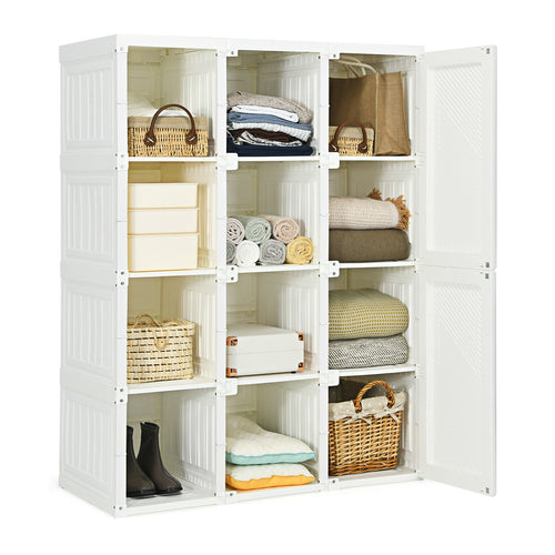 Clothes Foldable Armoire Wardrobe Closet with 12 Cubby Storage, White