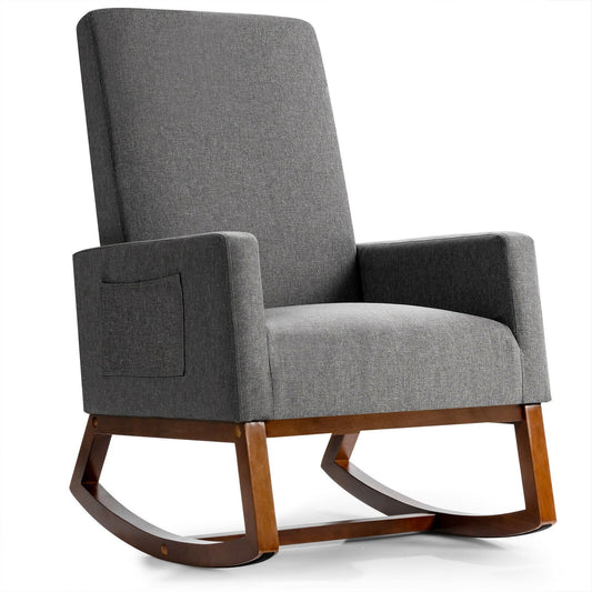 Rocking High Back Upholstered Lounge Armchair with Side Pocket, Gray - Gallery Canada