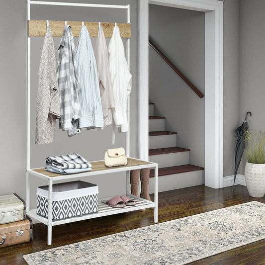 3-in-1 Industrial Coat Rack with 2-Tier Storage Bench and 5 Hooks, Natural - Gallery Canada