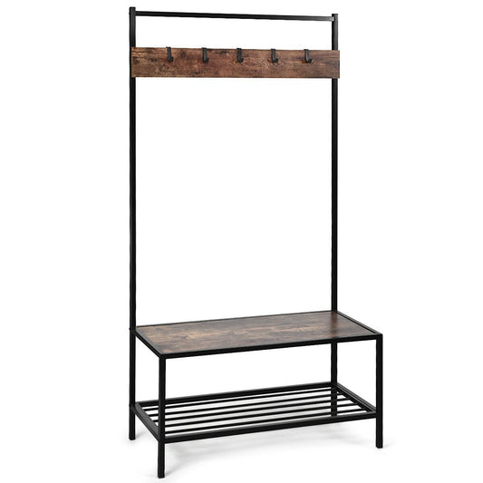 3-in-1 Industrial Coat Rack with 2-Tier Storage Bench and 5 Hooks, Brown