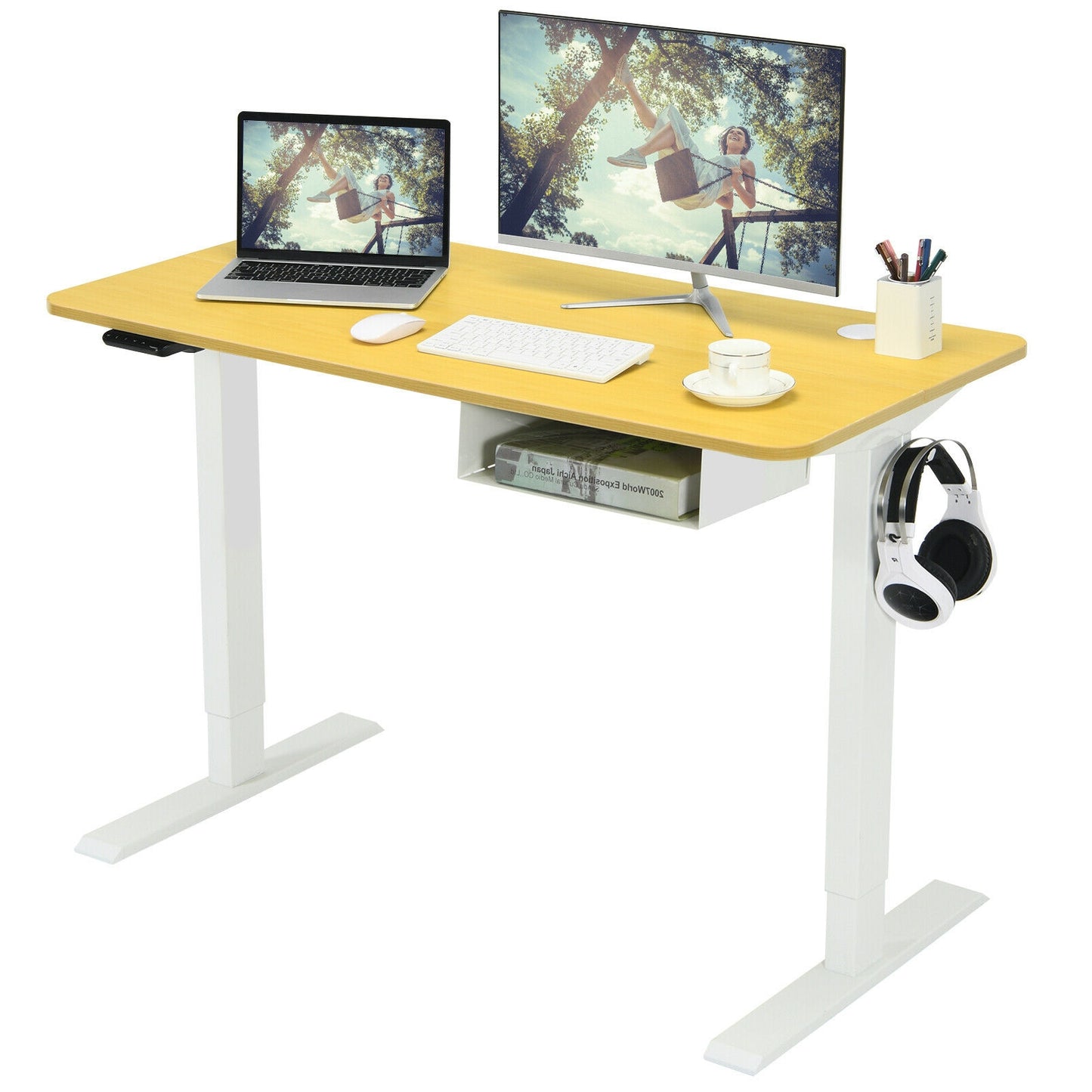 48 Inches Adjustable Electric Standing Desk, USB Port, Beige Standing Desks at Gallery Canada