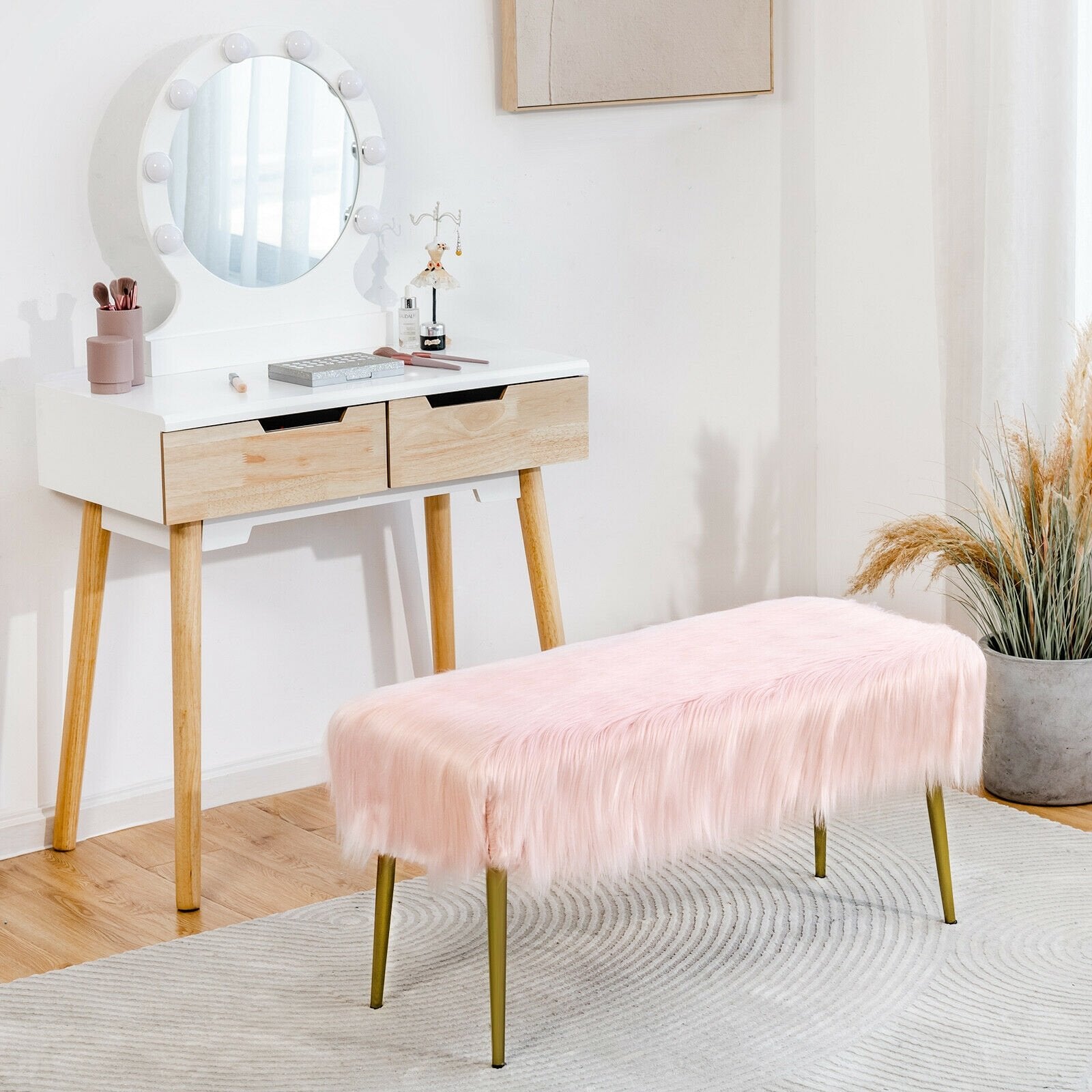 Upholstered Faux Fur Vanity Stool with Golden Legs for Makeup Room, Pink - Gallery Canada