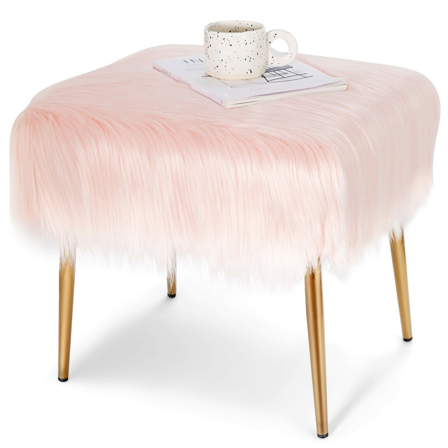 Faux Fur Vanity Stool with Golden Metal Legs for Makeup Room, Pink at Gallery Canada