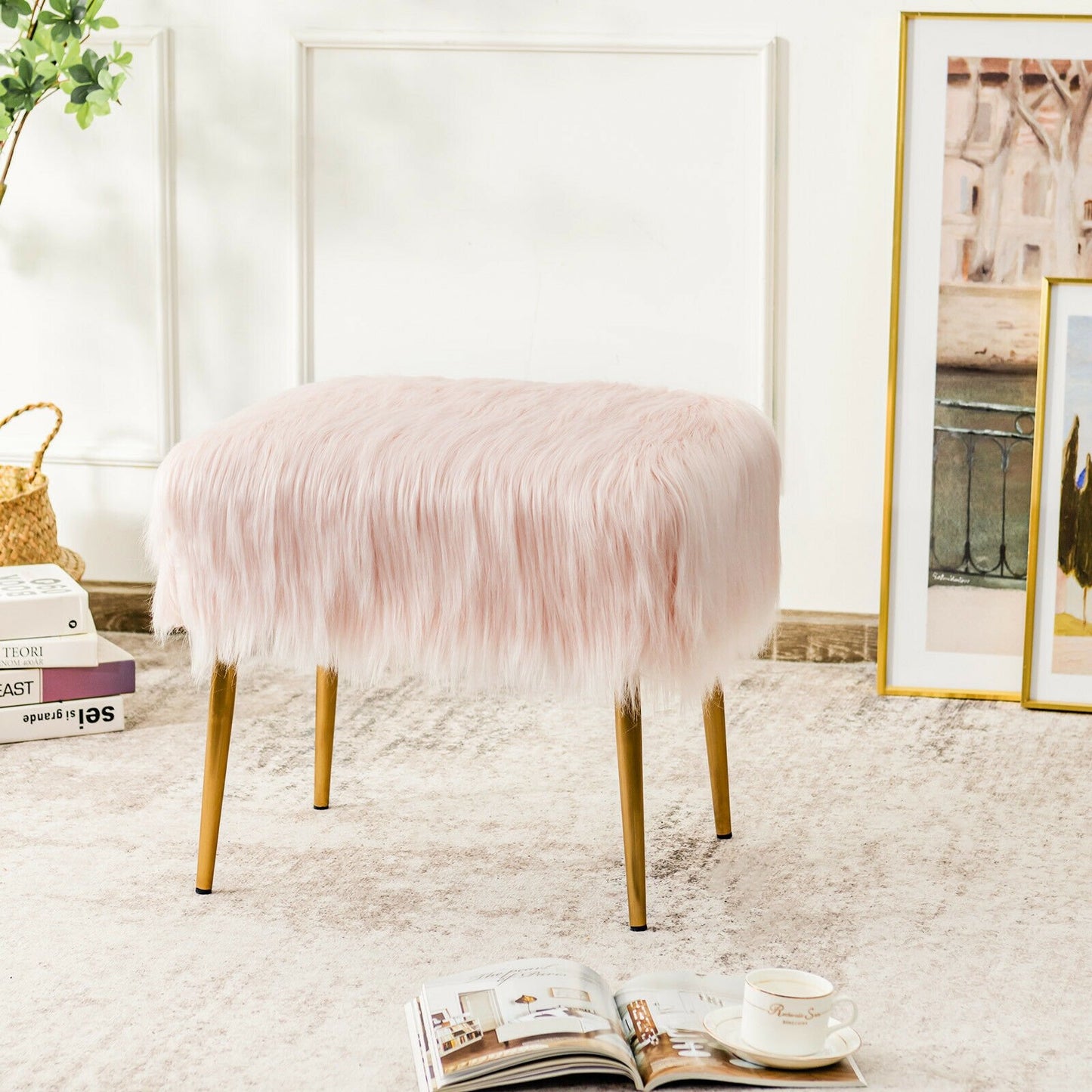 Faux Fur Vanity Stool with Golden Metal Legs for Makeup Room, Pink at Gallery Canada