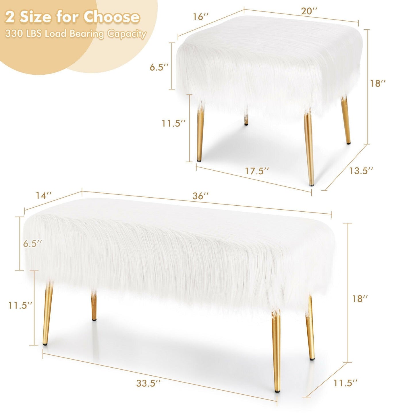 Faux Fur Vanity Stool with Golden Metal Legs for Makeup Room, White at Gallery Canada