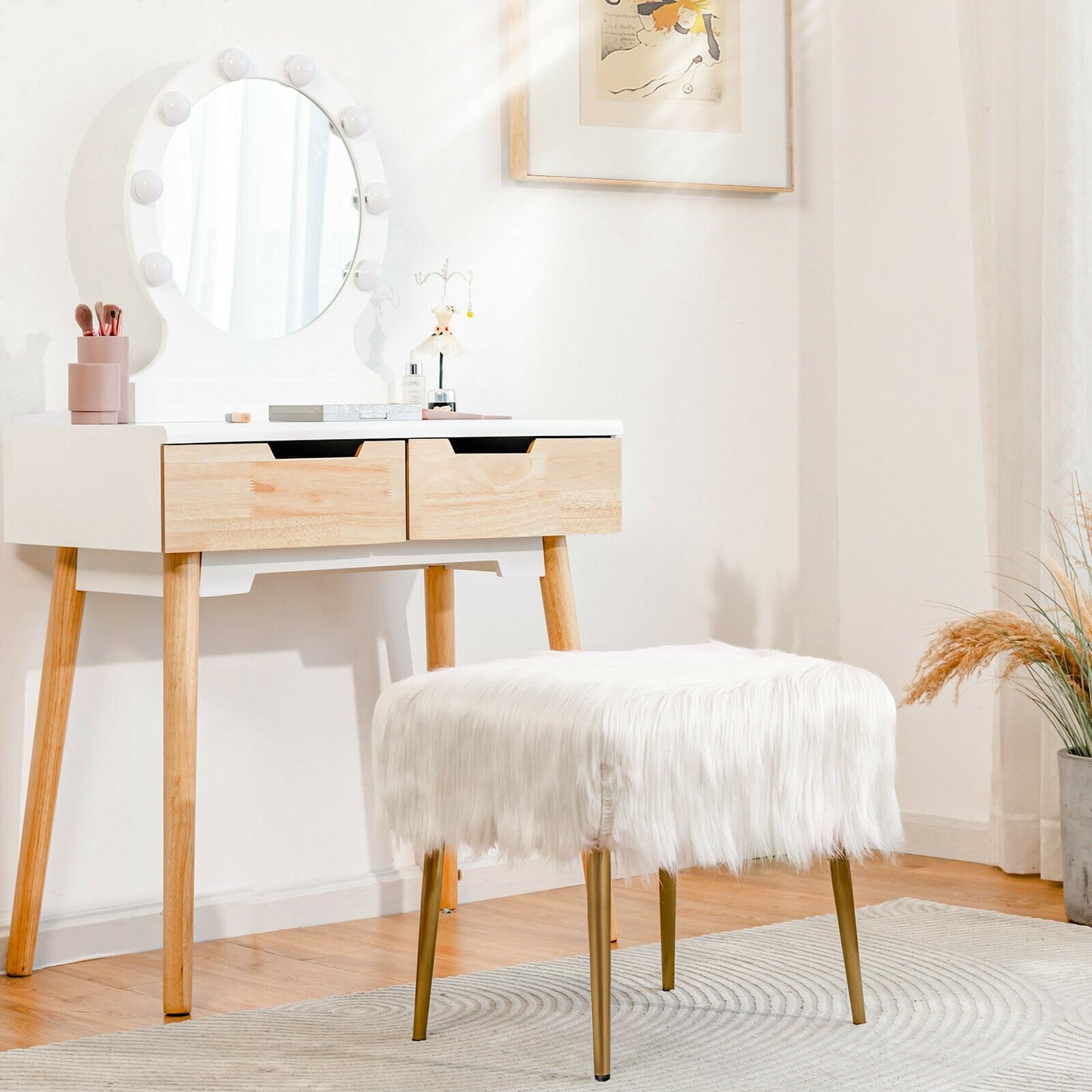 Faux Fur Vanity Stool with Golden Metal Legs for Makeup Room, White - Gallery Canada