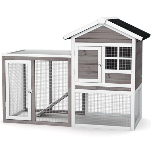 2-Story Wooden Rabbit Hutch With Running Area, Gray