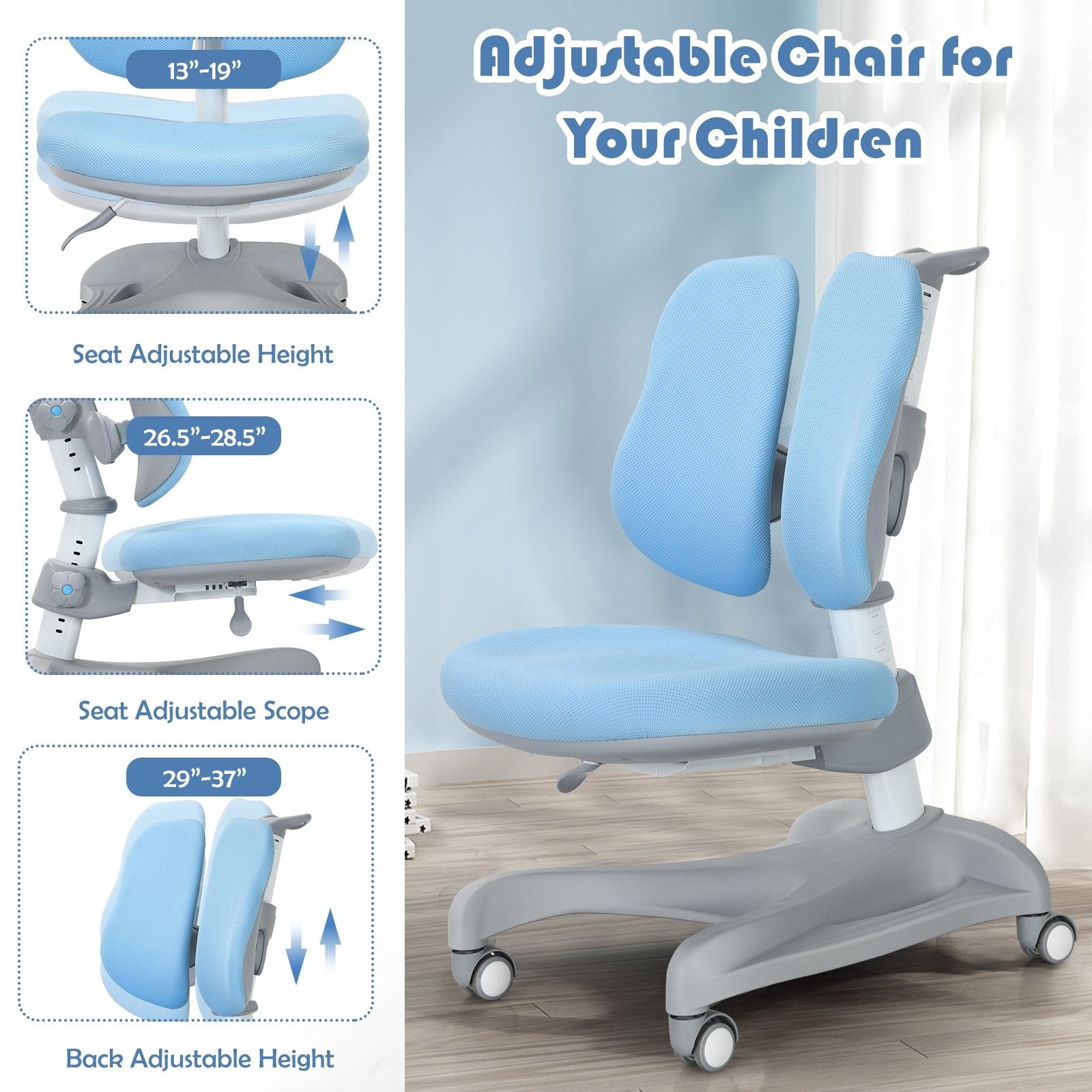 Adjustable Height Student Chair with Sit-Brake Casters and Lumbar Support for Home and School, Blue - Gallery Canada