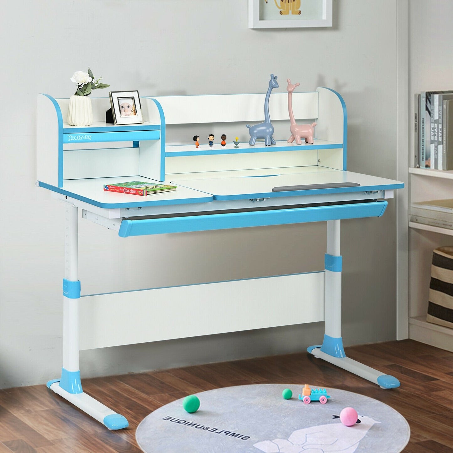 Adjustable Height Study Desk with Drawer and Tilted Desktop for School and Home, Blue - Gallery Canada