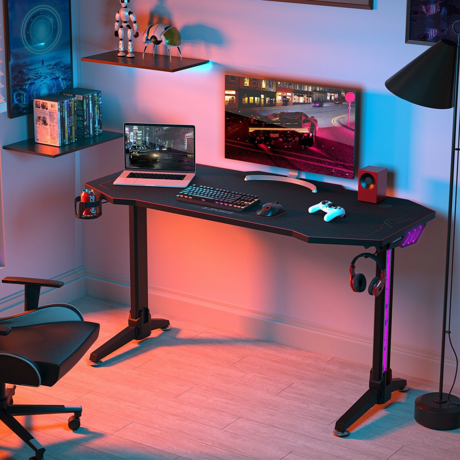 55 Inches T-shaped Computer Desk with Full Mouse Pad and LED Lights, Black - Gallery Canada