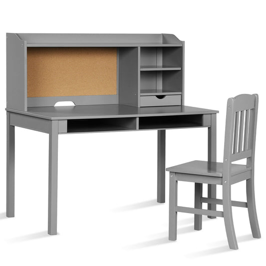 Kids Desk and Chair Set Study Writing Desk with Hutch and Bookshelves, Gray - Gallery Canada