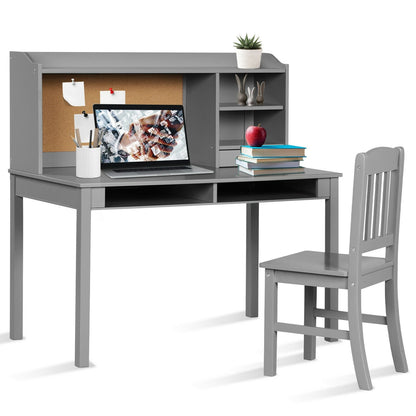 Kids Desk and Chair Set Study Writing Desk with Hutch and Bookshelves, Gray - Gallery Canada