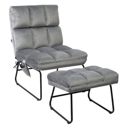 Velvet Accent Sofa Chair With Ottoman, Remote Control, Gray