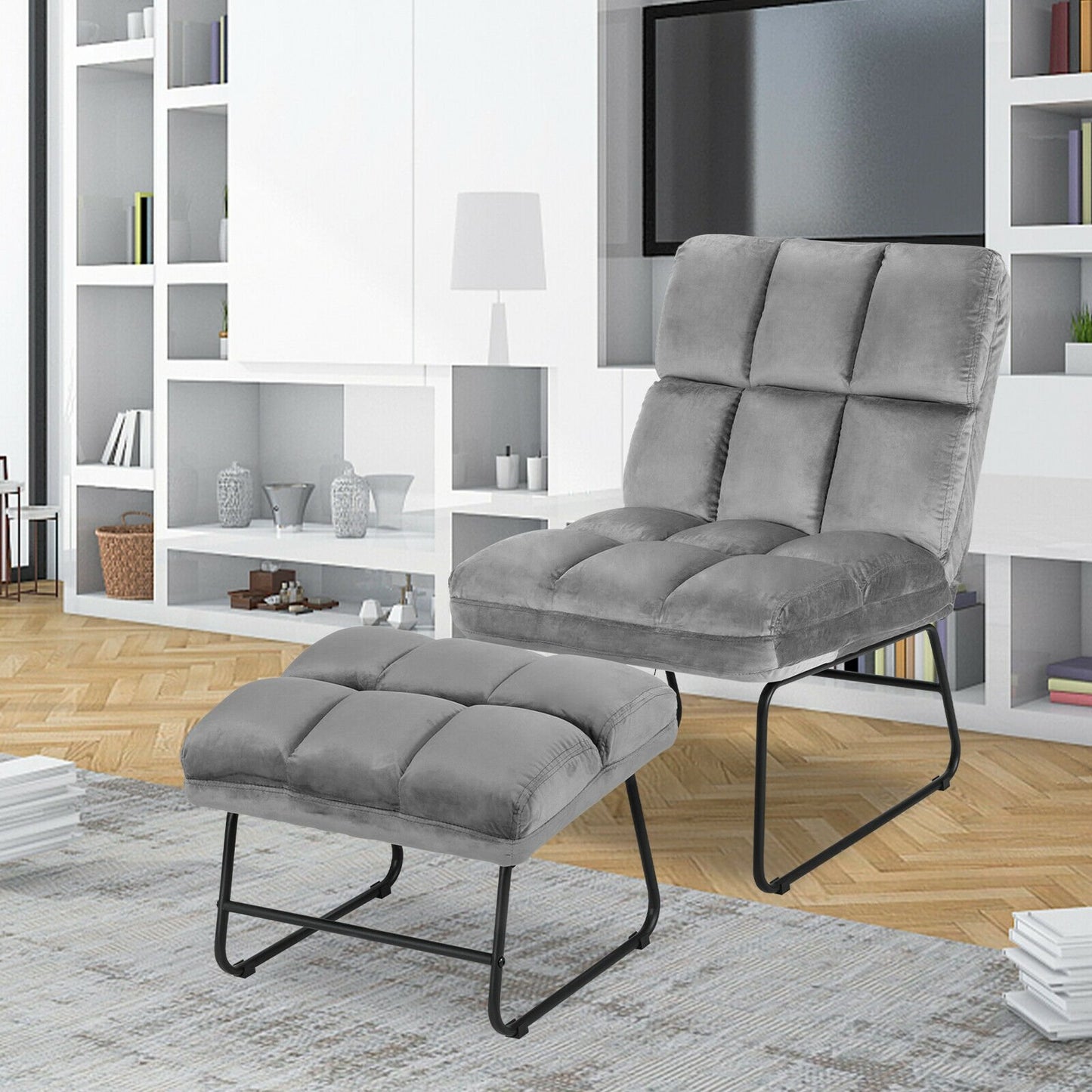 Massage Chair Velvet Accent Sofa Chair with Ottoman and Remote Control - Gray, Gray - Gallery Canada