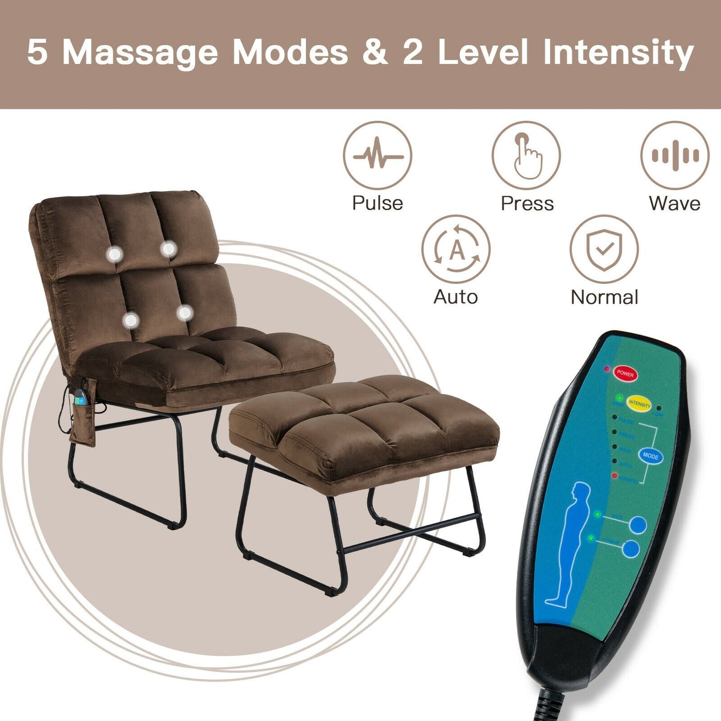 Massage Chair Velvet Accent Sofa Chair with Ottoman and Remote Control, Brown - Gallery Canada